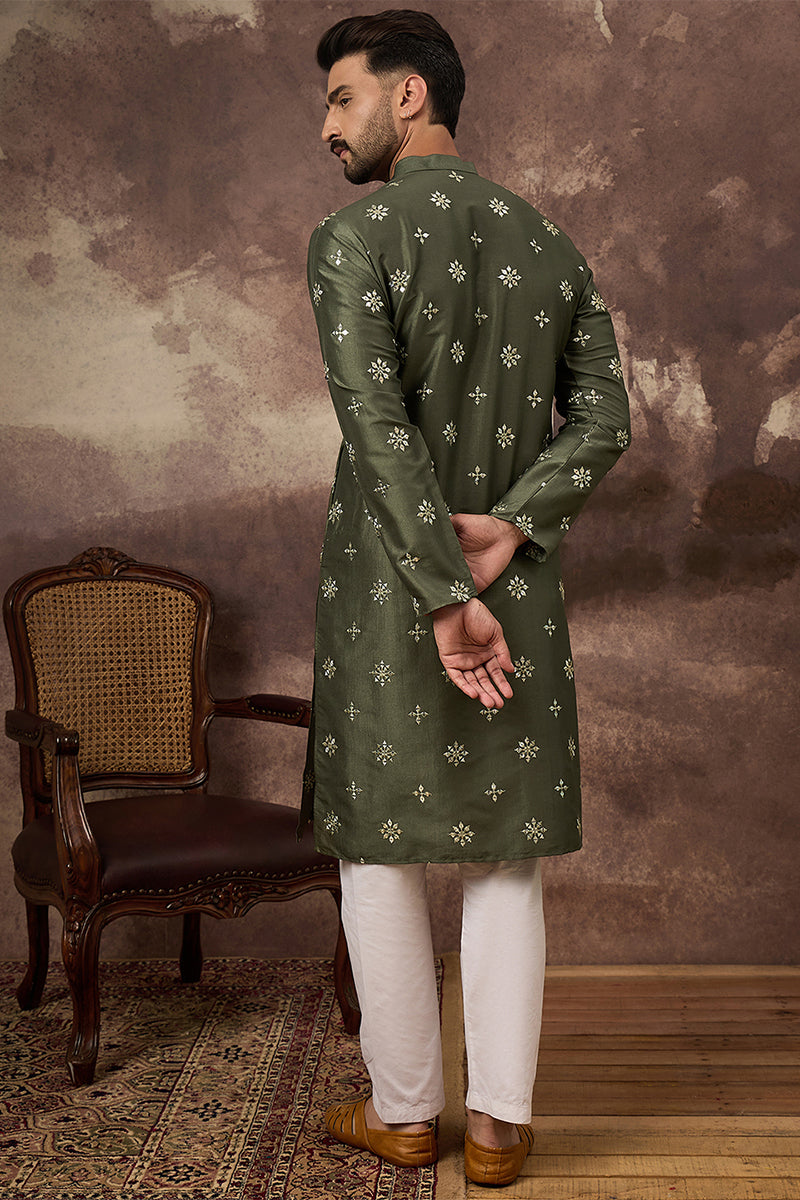 Green Silk Blend Solid Embroidered Straight Kurta MKU1419