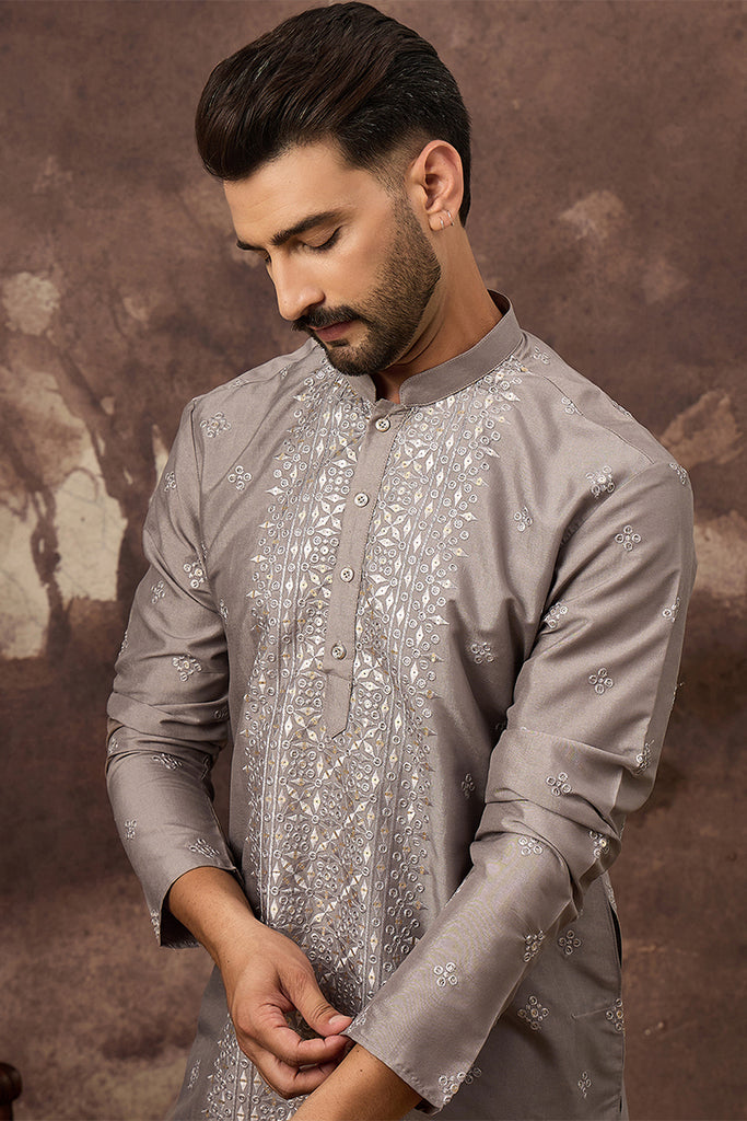 Grey Silk Blend Solid Embroidered Straight Kurta With Pant Set MKSET1420