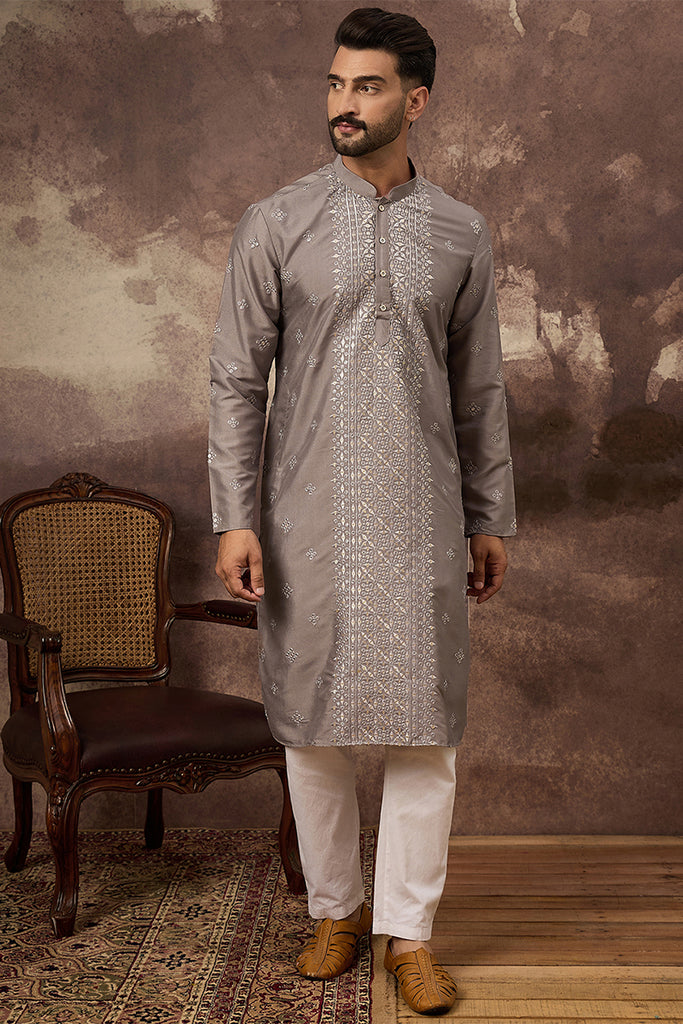 Grey Silk Blend Solid Embroidered Straight Kurta With Pant Set MKSET1420