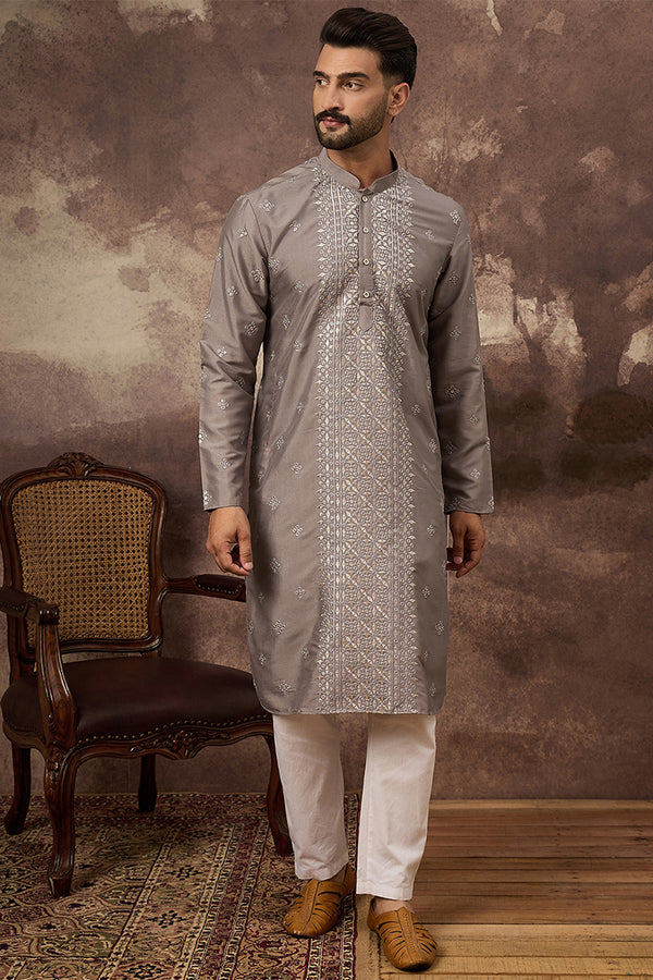 Grey Silk Blend Solid Embroidered Straight Kurta With Pant Set MKSET1420