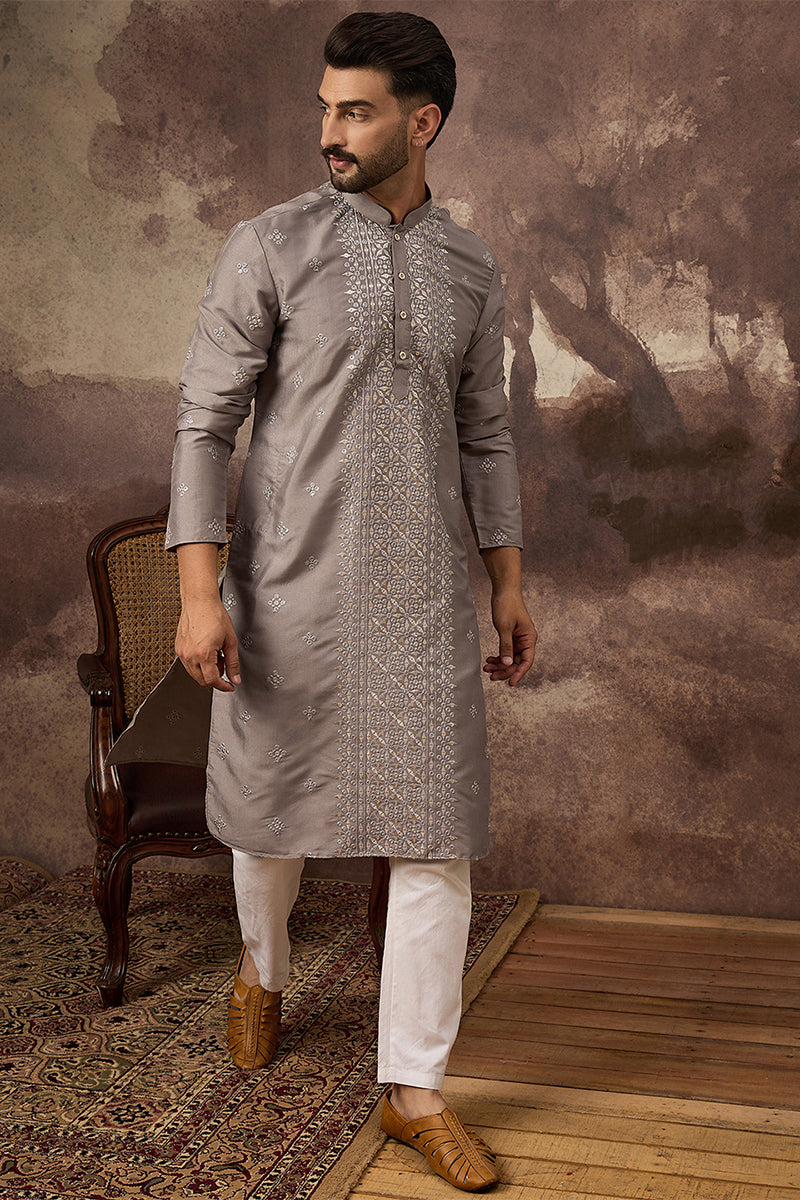 Grey Silk Blend Solid Embroidered Straight Kurta With Pant Set MKSET1420