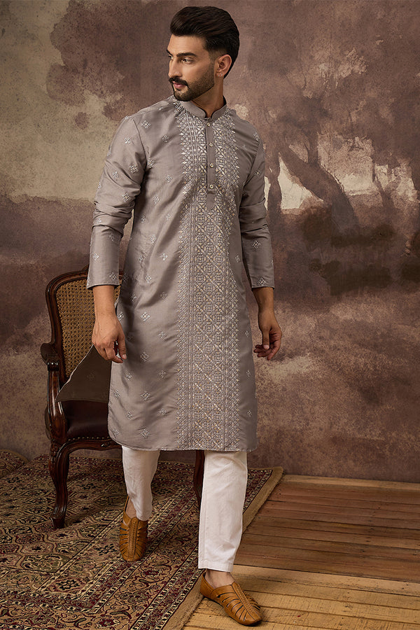 Grey Silk Blend Solid Embroidered Straight Kurta With Pant Set MKSET1420