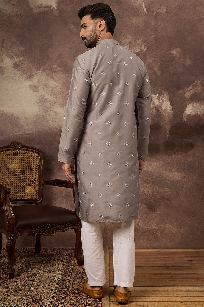 Grey Silk Blend Solid Embroidered Straight Kurta With Pant Set MKSET1420