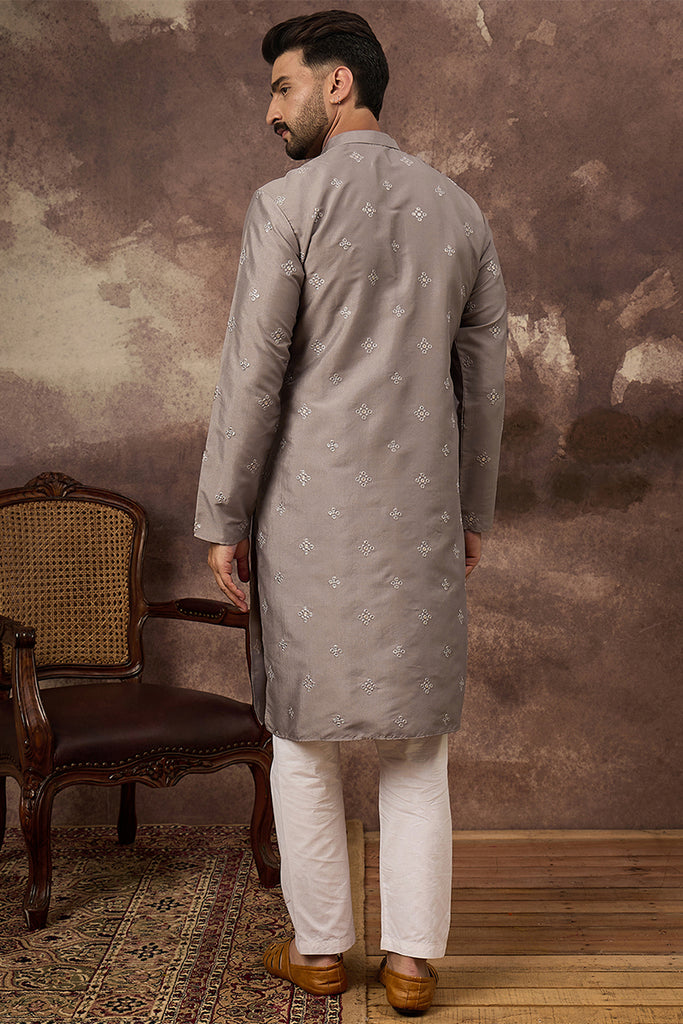 Grey Silk Blend Solid Embroidered Straight Kurta With Pant Set MKSET1420