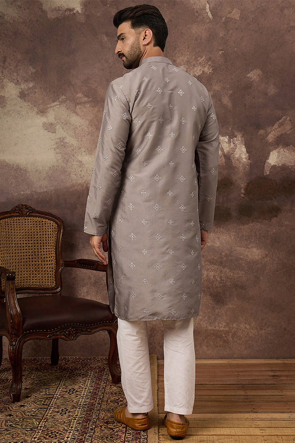 Grey Silk Blend Solid Embroidered Straight Kurta With Pant Set MKSET1420