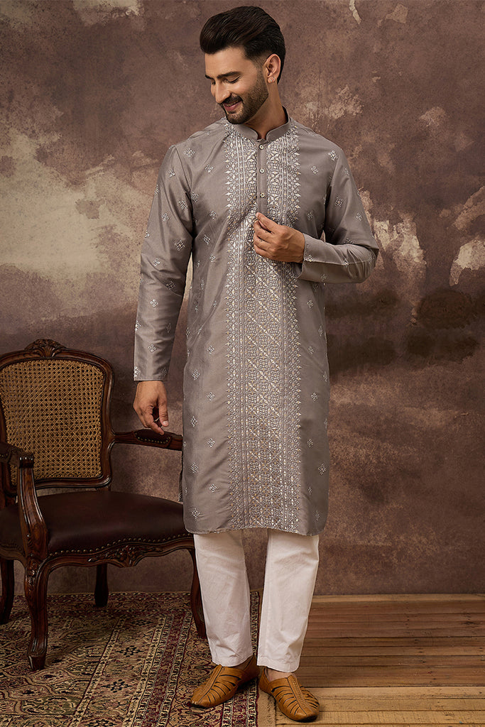 Grey Silk Blend Solid Embroidered Straight Kurta With Pant Set MKSET1420