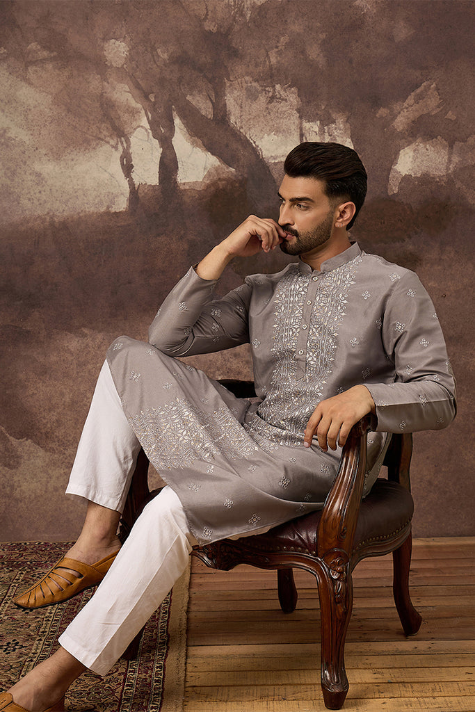Grey Silk Blend Solid Embroidered Straight Kurta With Pant Set MKSET1420