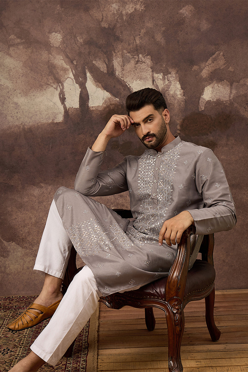 Grey Silk Blend Solid Embroidered Straight Kurta With Pant Set MKSET1420