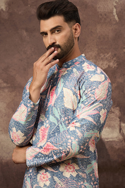Blue Viscose Rayon Floral Woven Straight Kurta MKU1429