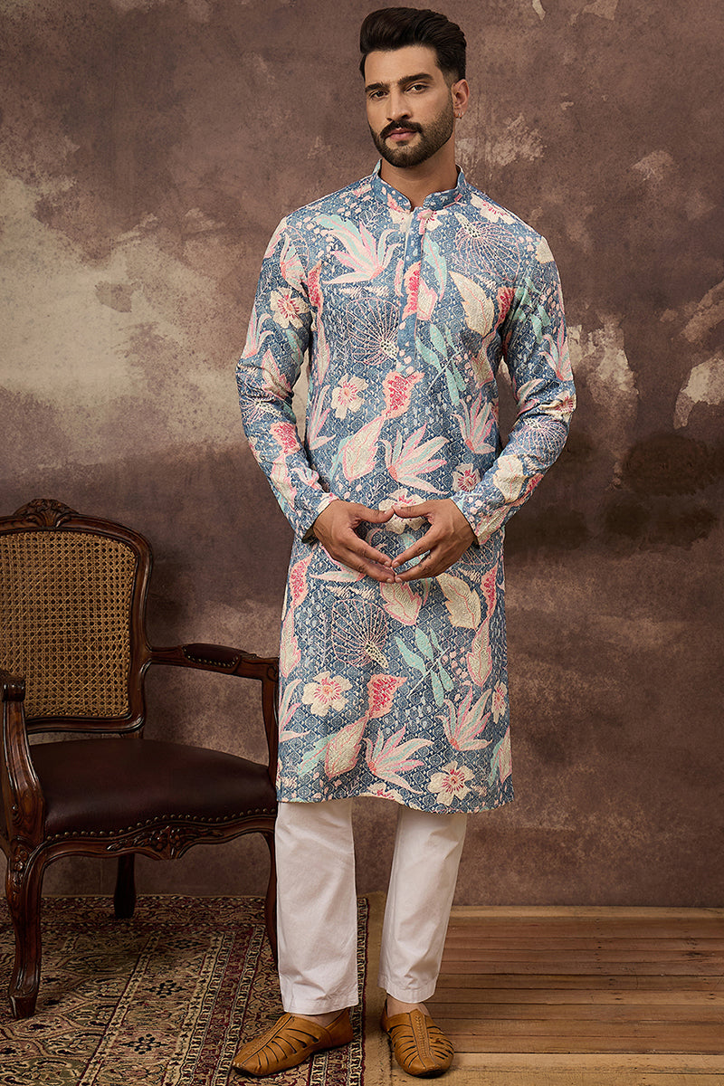 Blue Viscose Rayon Floral Woven Straight Kurta MKU1429