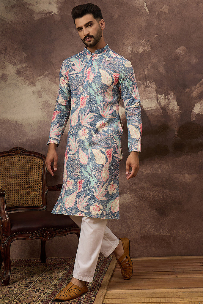 Blue Viscose Rayon Floral Woven Straight Kurta MKU1429