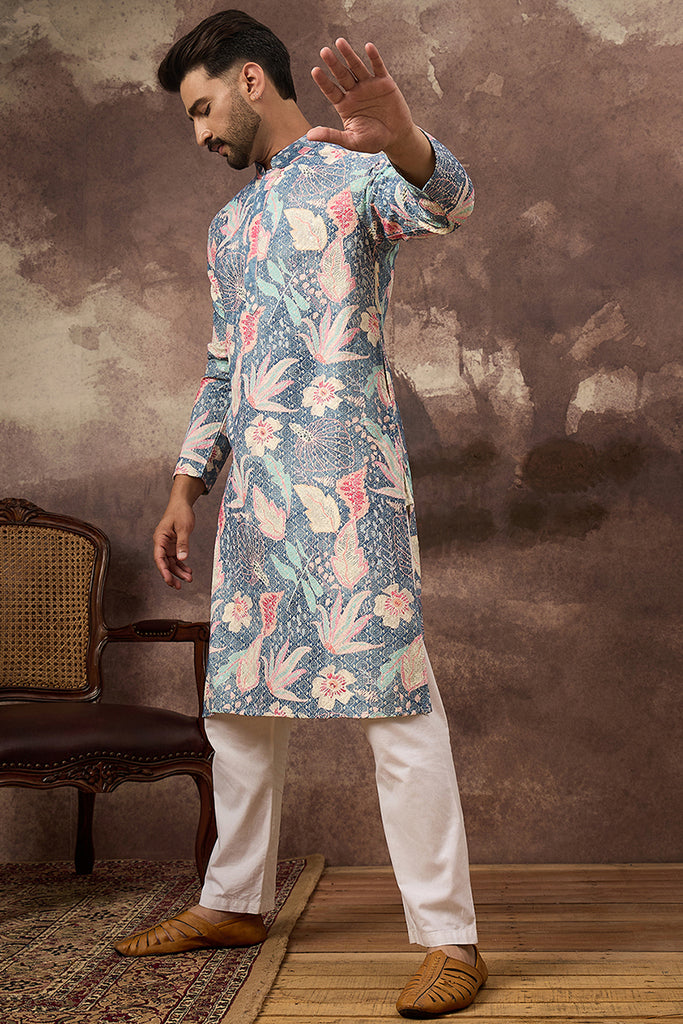 Blue Viscose Rayon Floral Woven Straight Kurta MKU1429