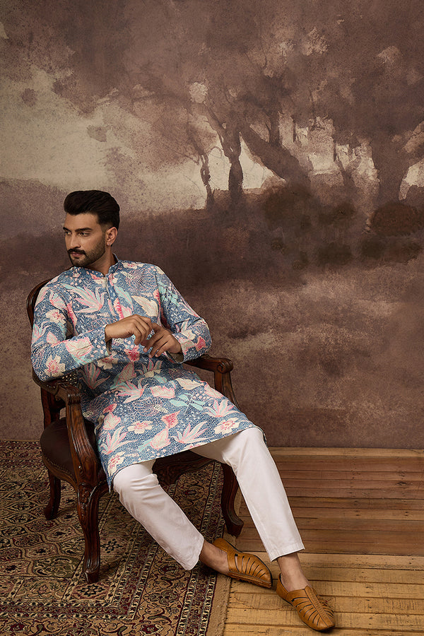 Blue Viscose Rayon Floral Woven Straight Kurta MKU1429
