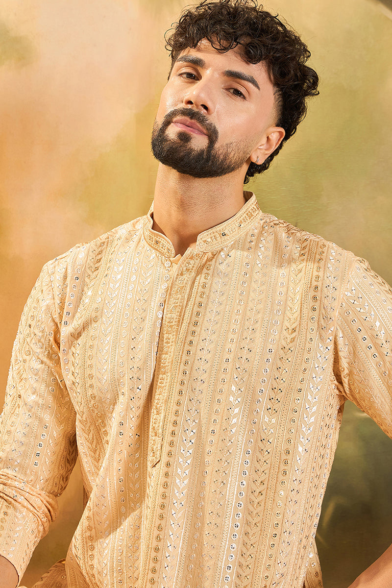 Cream Viscose Rayon Solid Embroidered Kurta With Trouser MKSET1430