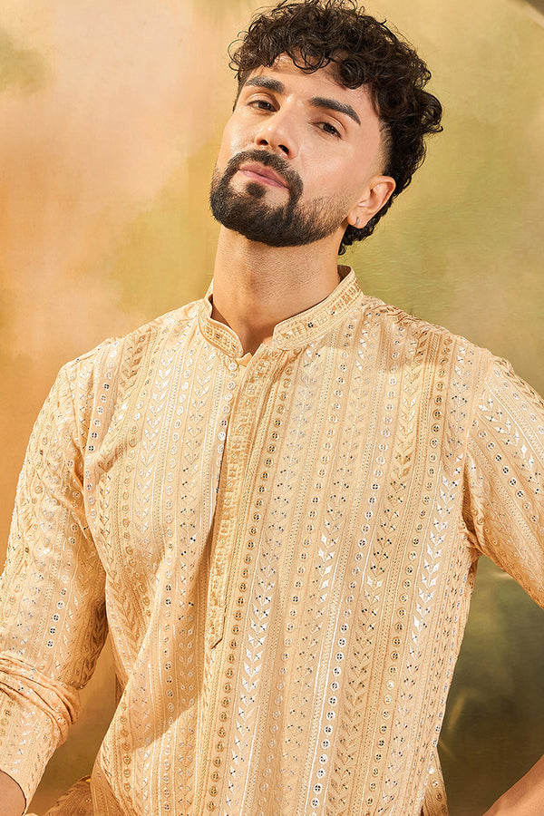 Cream Viscose Rayon Solid Embroidered Kurta With Trouser MKSET1430