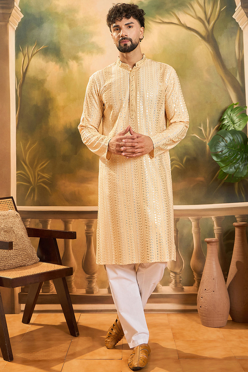Cream Viscose Rayon Solid Embroidered Kurta With Trouser MKSET1430