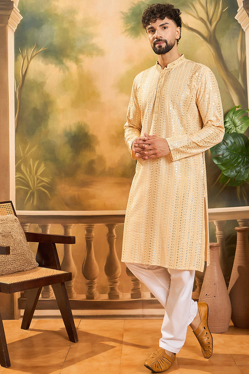 Cream Viscose Rayon Solid Embroidered Kurta With Trouser MKSET1430