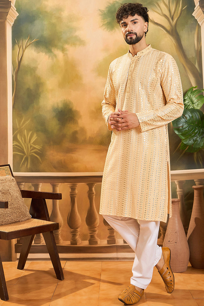 Cream Viscose Rayon Solid Embroidered Kurta With Trouser MKSET1430