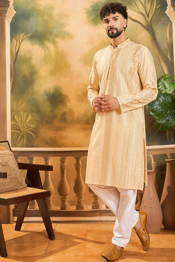 Cream Viscose Rayon Solid Embroidered Kurta With Trouser MKSET1430