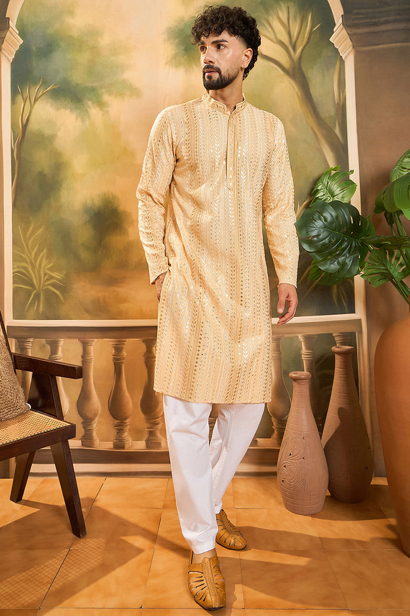 Cream Viscose Rayon Solid Embroidered Kurta With Trouser MKSET1430