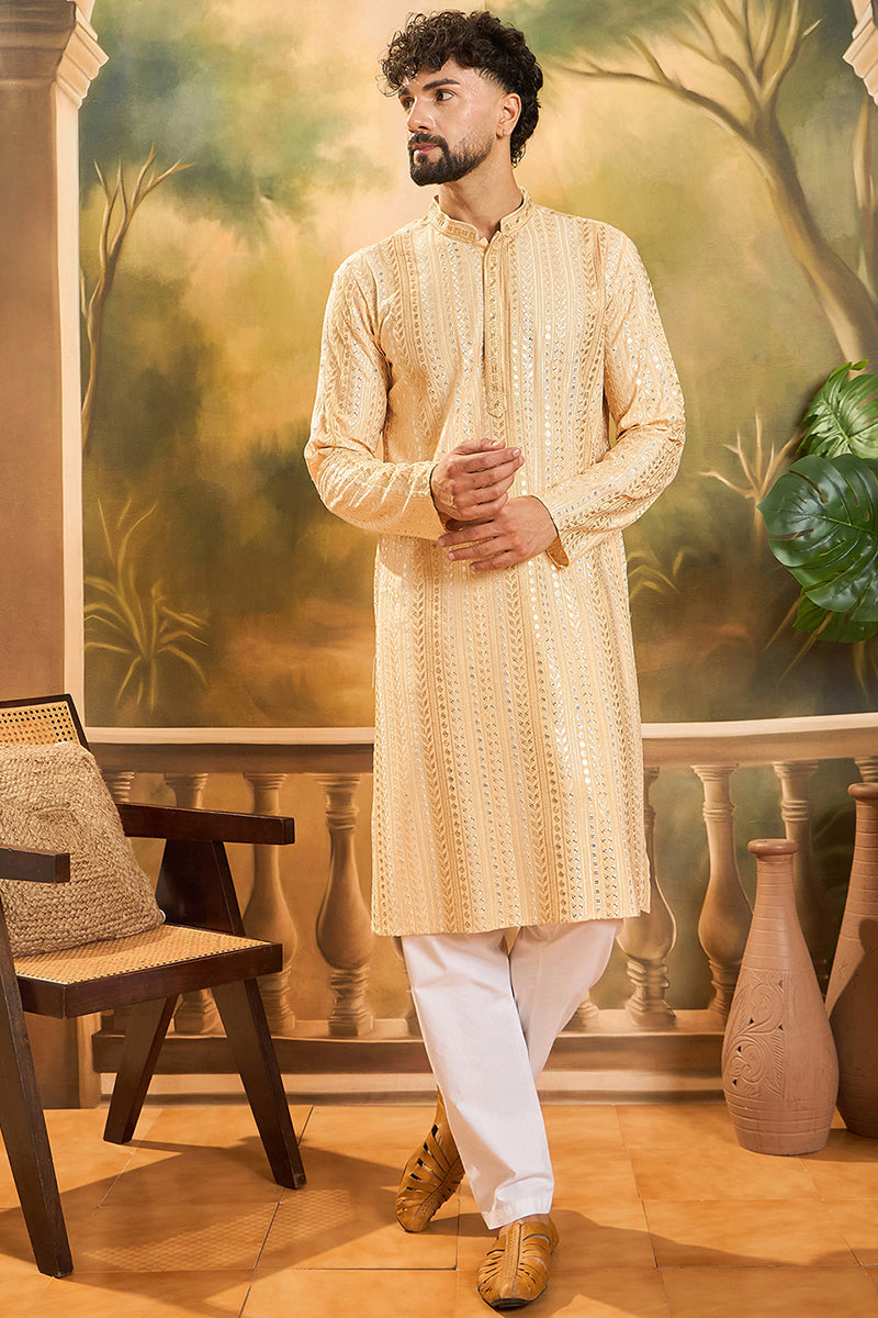 Cream Viscose Rayon Solid Embroidered Kurta With Trouser MKSET1430