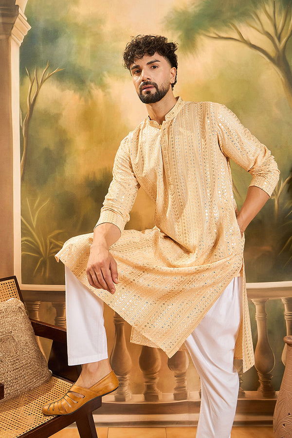 Cream Viscose Rayon Solid Embroidered Kurta With Trouser MKSET1430