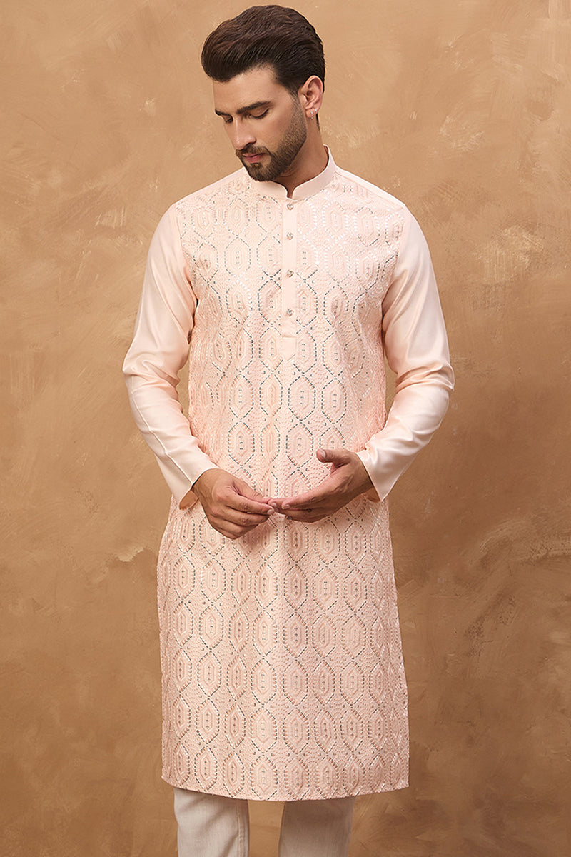 Peach Silk Blend Solid Embroidered Straight Kurta MKU1431