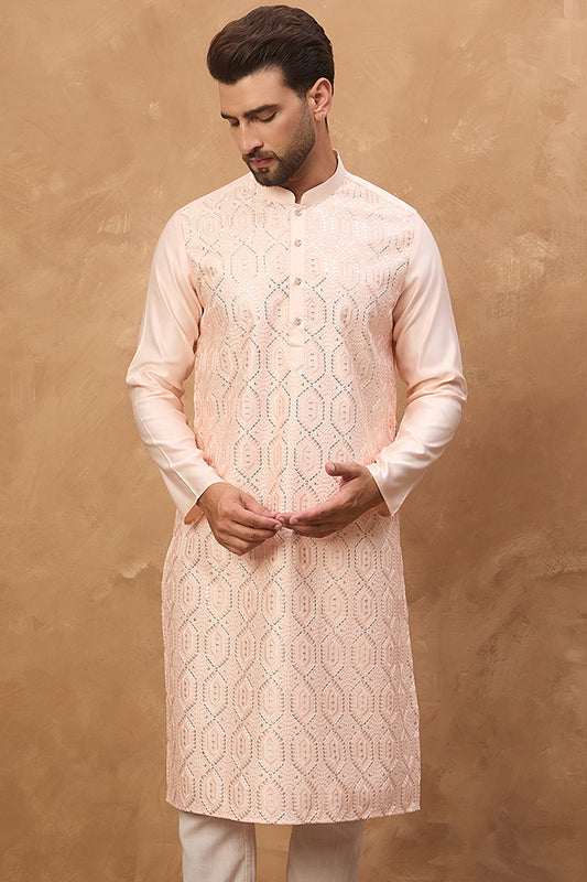 Peach Silk Blend Solid Embroidered Straight Kurta MKU1431