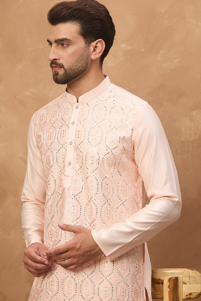 Peach Silk Blend Solid Embroidered Straight Kurta With Pant Set MKSET1431