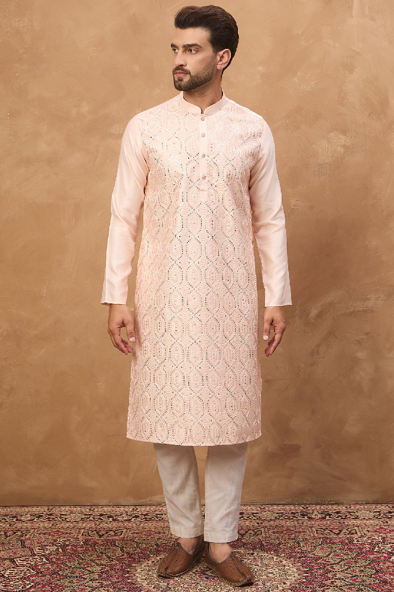 Peach Silk Blend Solid Embroidered Straight Kurta With Pant Set MKSET1431