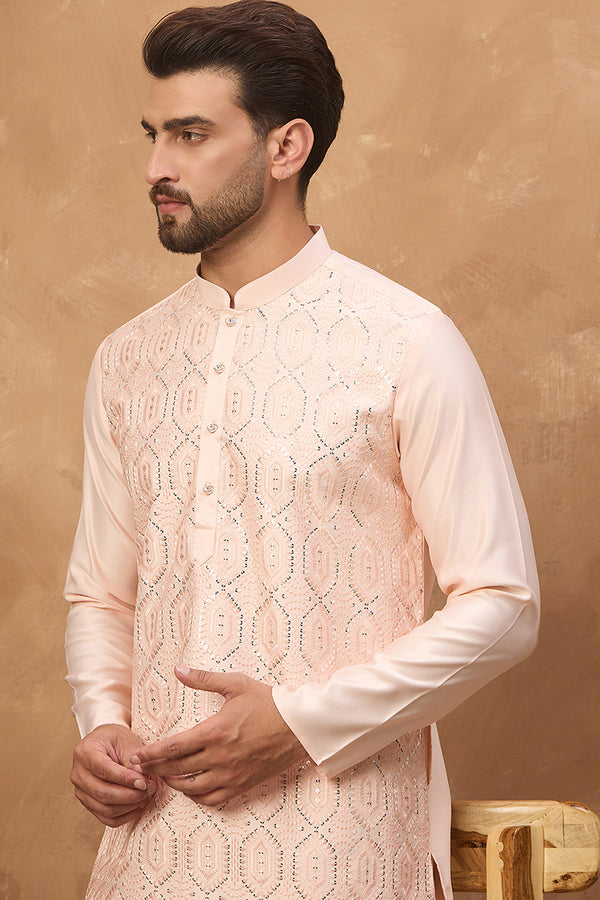Peach Silk Blend Solid Embroidered Straight Kurta MKU1431