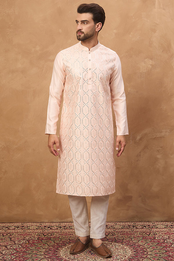 Peach Silk Blend Solid Embroidered Straight Kurta MKU1431