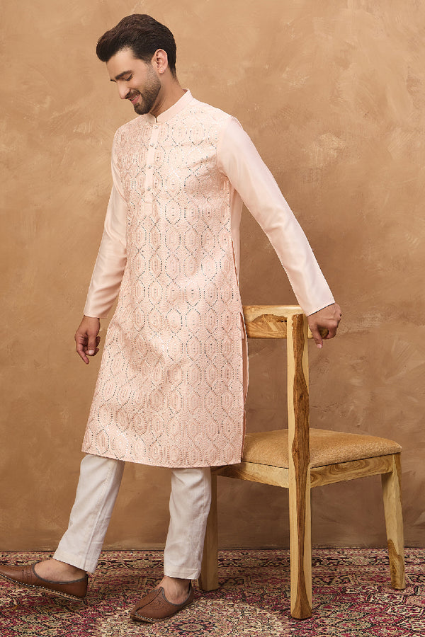 Peach Silk Blend Solid Embroidered Straight Kurta With Pant Set MKSET1431