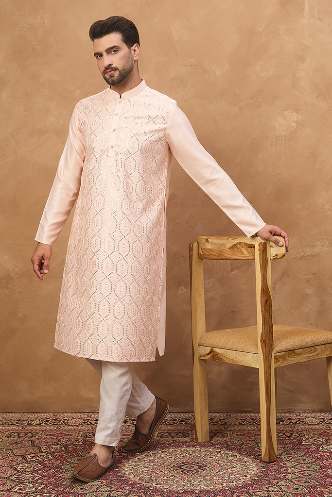 Peach Silk Blend Solid Embroidered Straight Kurta MKU1431