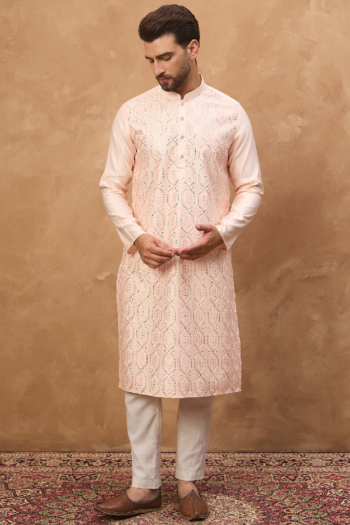 Peach Silk Blend Solid Embroidered Straight Kurta With Pant Set MKSET1431