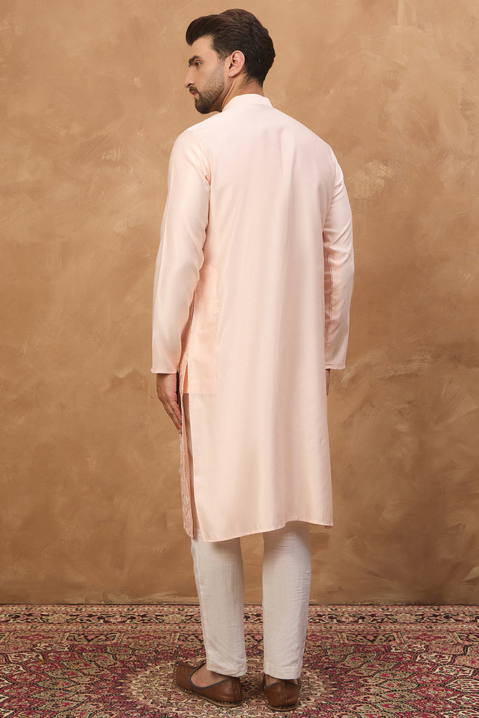 Peach Silk Blend Solid Embroidered Straight Kurta MKU1431