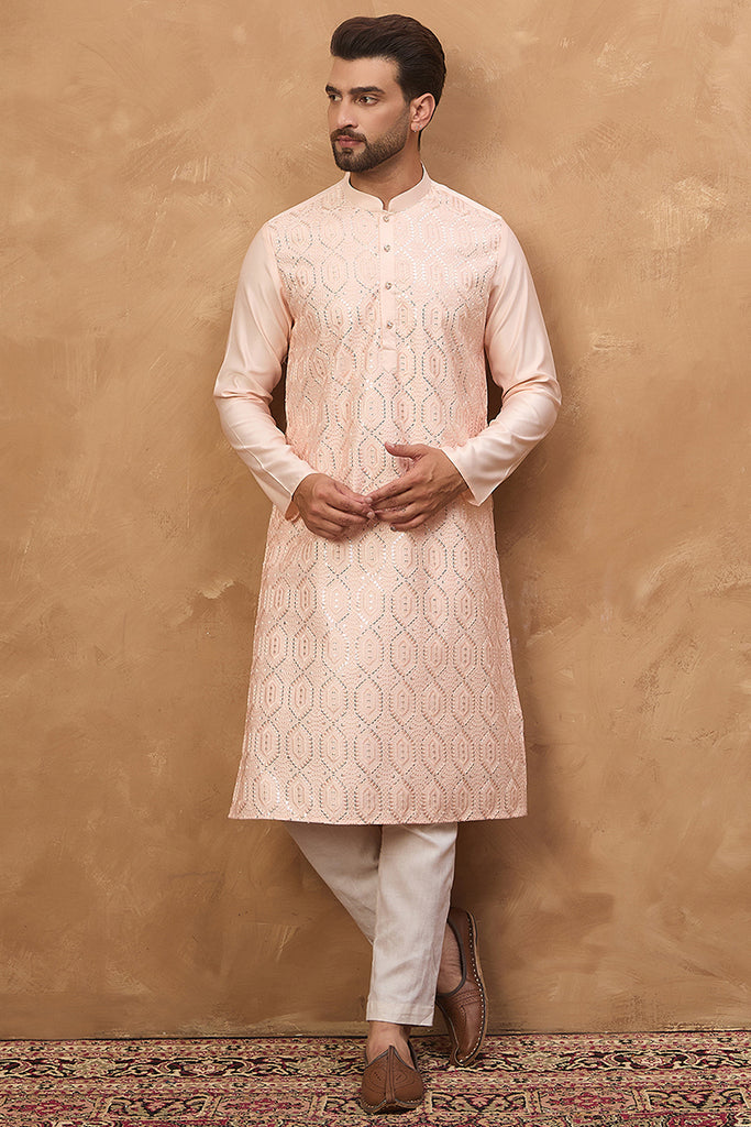 Peach Silk Blend Solid Embroidered Straight Kurta MKU1431