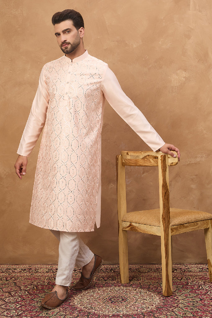 Peach Silk Blend Solid Embroidered Straight Kurta With Pant Set MKSET1431