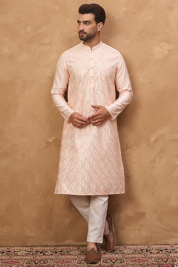 Peach Silk Blend Solid Embroidered Straight Kurta MKU1431