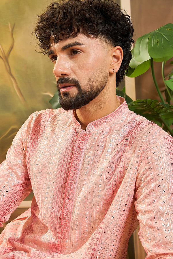 Viscose Rayon Peach Solid Embroidered Kurta With Trouser MKSET1432