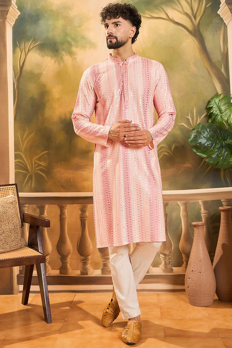 Viscose Rayon Peach Solid Embroidered Kurta With Trouser MKSET1432