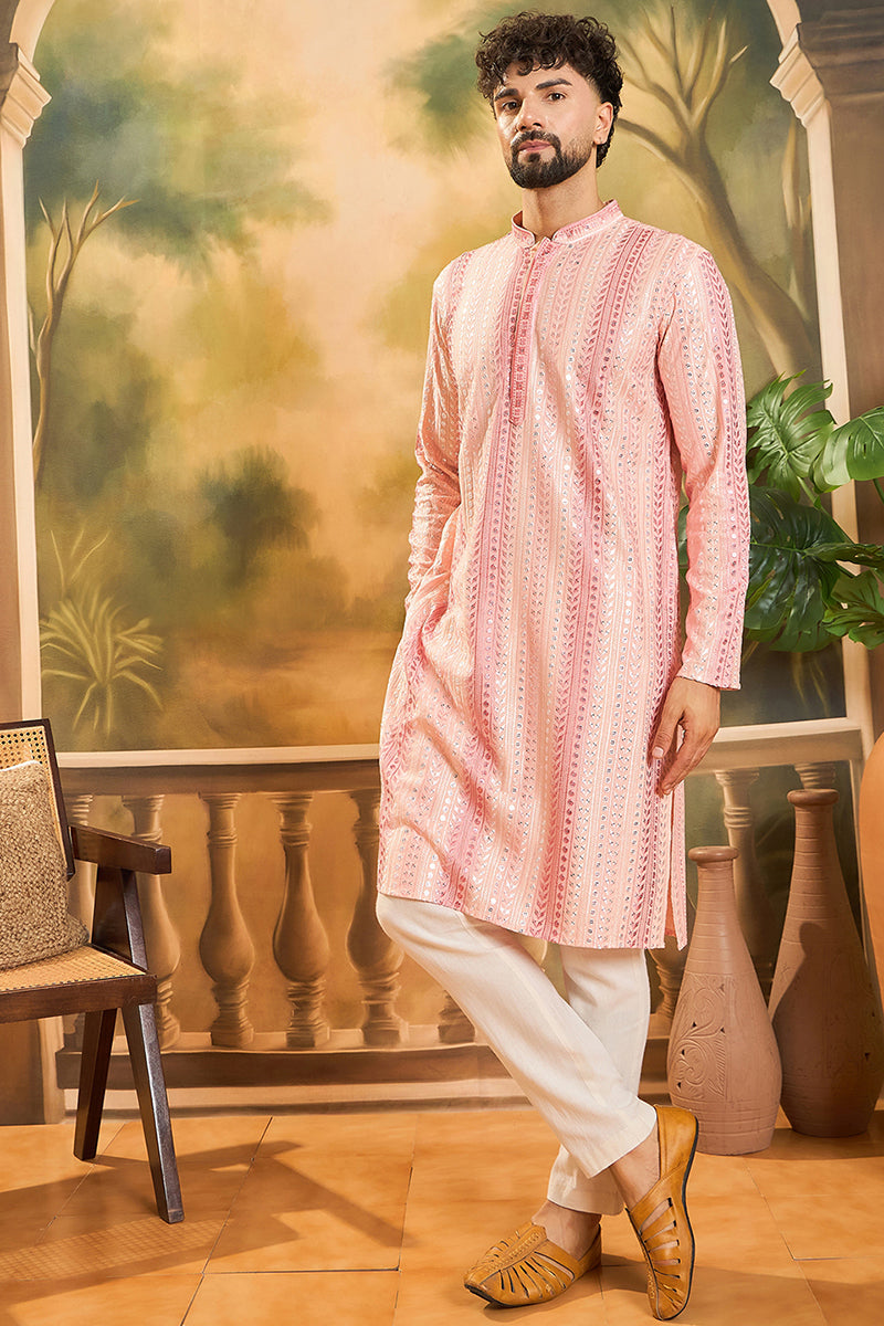 Viscose Rayon Peach Solid Embroidered Kurta With Trouser MKSET1432