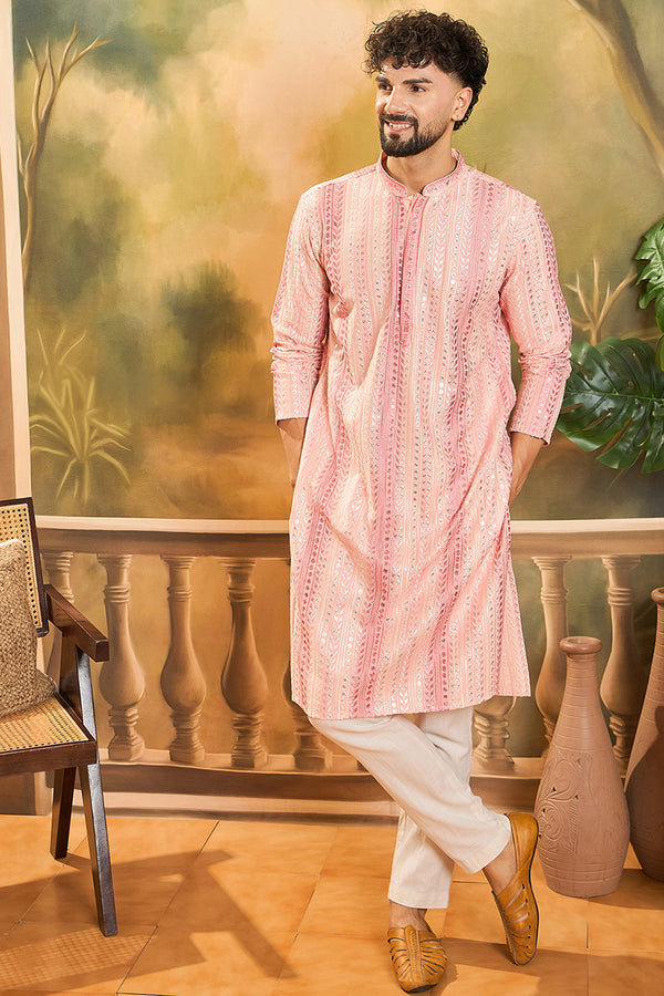 Viscose Rayon Peach Solid Embroidered Kurta With Trouser MKSET1432