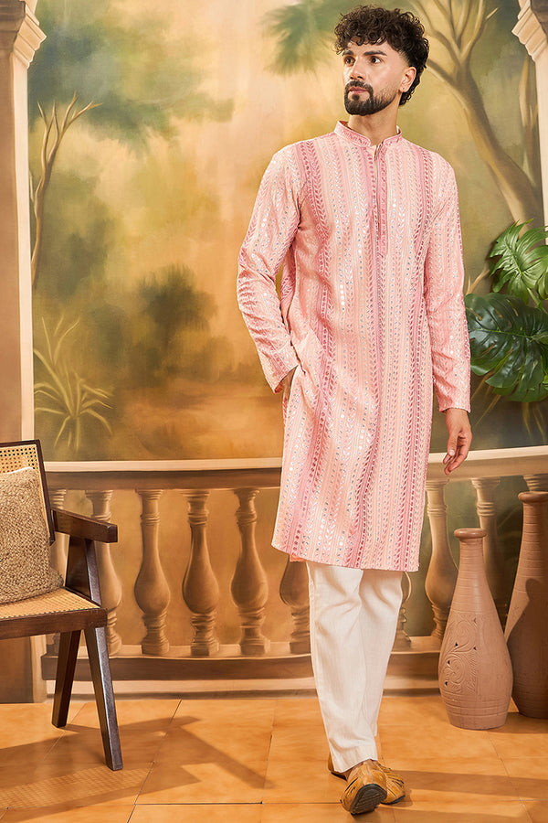 Viscose Rayon Peach Solid Embroidered Kurta With Trouser MKSET1432