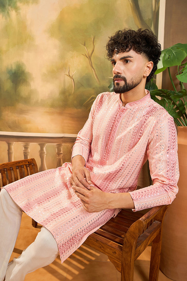 Viscose Rayon Peach Solid Embroidered Kurta With Trouser MKSET1432