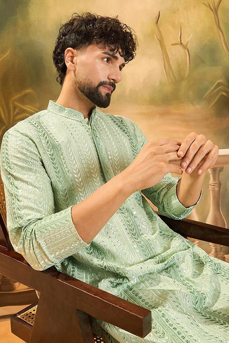 Viscose Rayon Green Solid Embroidered Kurta With Trouser MKSET1435