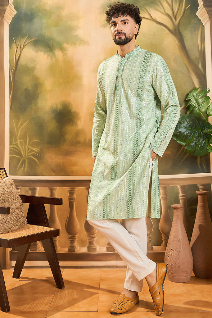 Viscose Rayon Green Solid Embroidered Kurta With Trouser MKSET1435