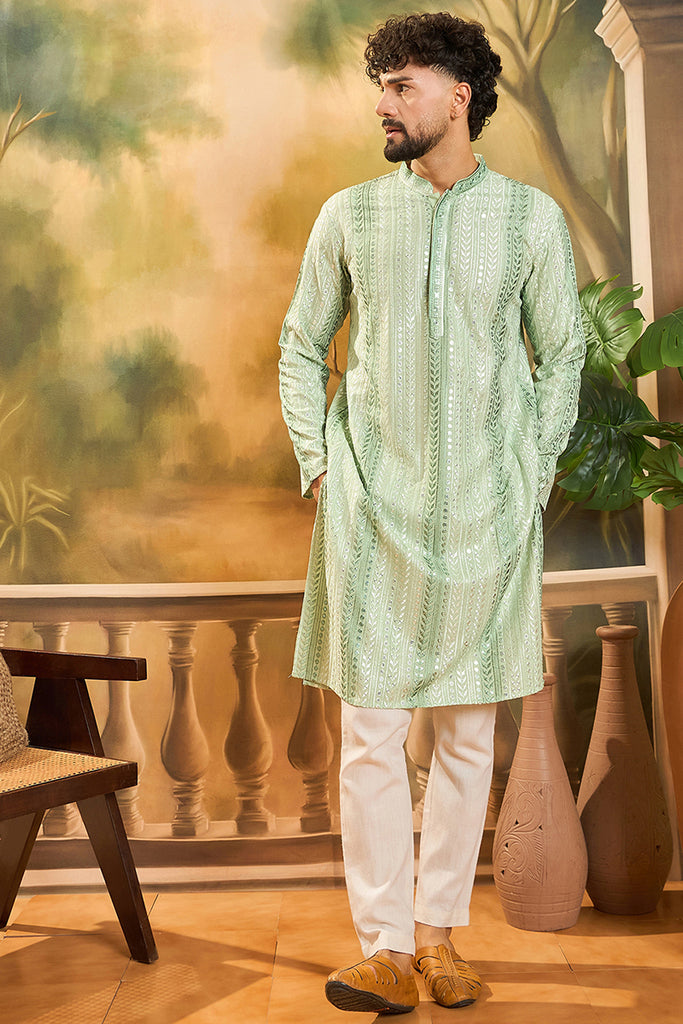 Viscose Rayon Green Solid Embroidered Kurta With Trouser MKSET1435
