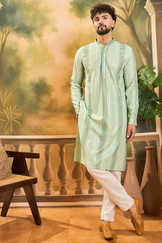 Viscose Rayon Green Solid Embroidered Kurta With Trouser MKSET1435