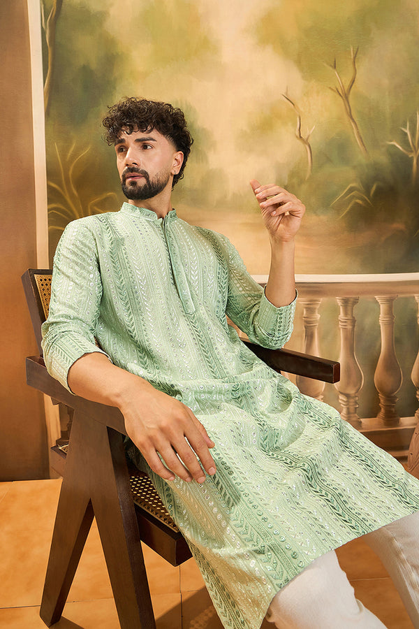 Viscose Rayon Green Solid Embroidered Kurta With Trouser MKSET1435